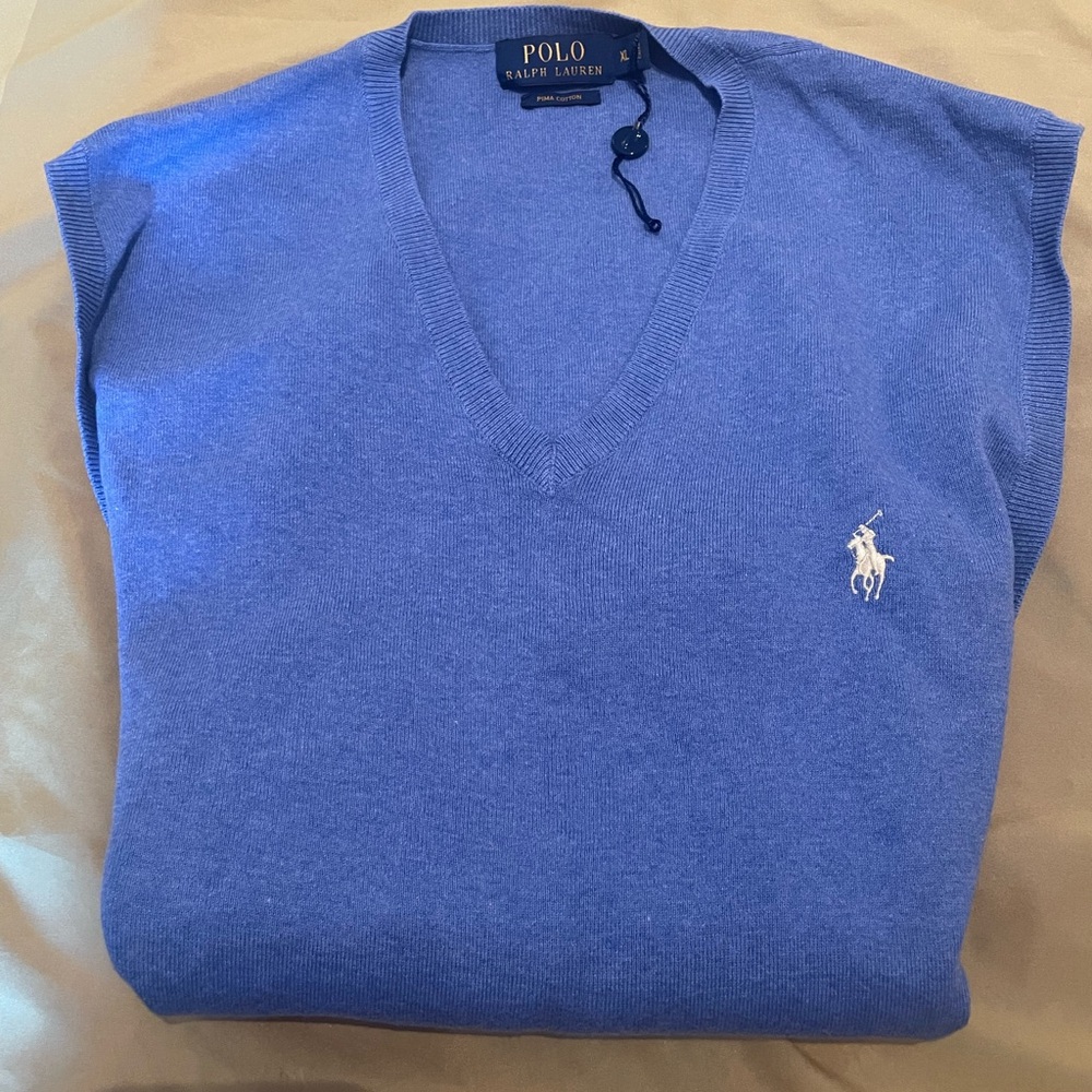 POLO RALPH LAUREN men’s XL v-neck swtr vest. Blue w/yellow player Pima cotton.